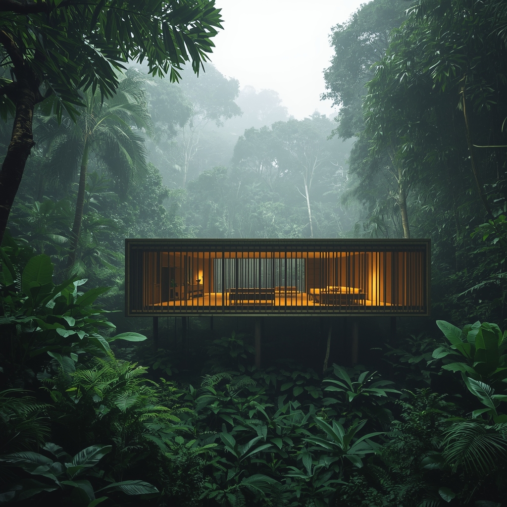 A stunning architecturally minimal jungle lodge built from sustainable bamboo and glass, nestled deep within a vibrant emerald rainforest. Cinematic lighting, morning fog. No people. No woman.